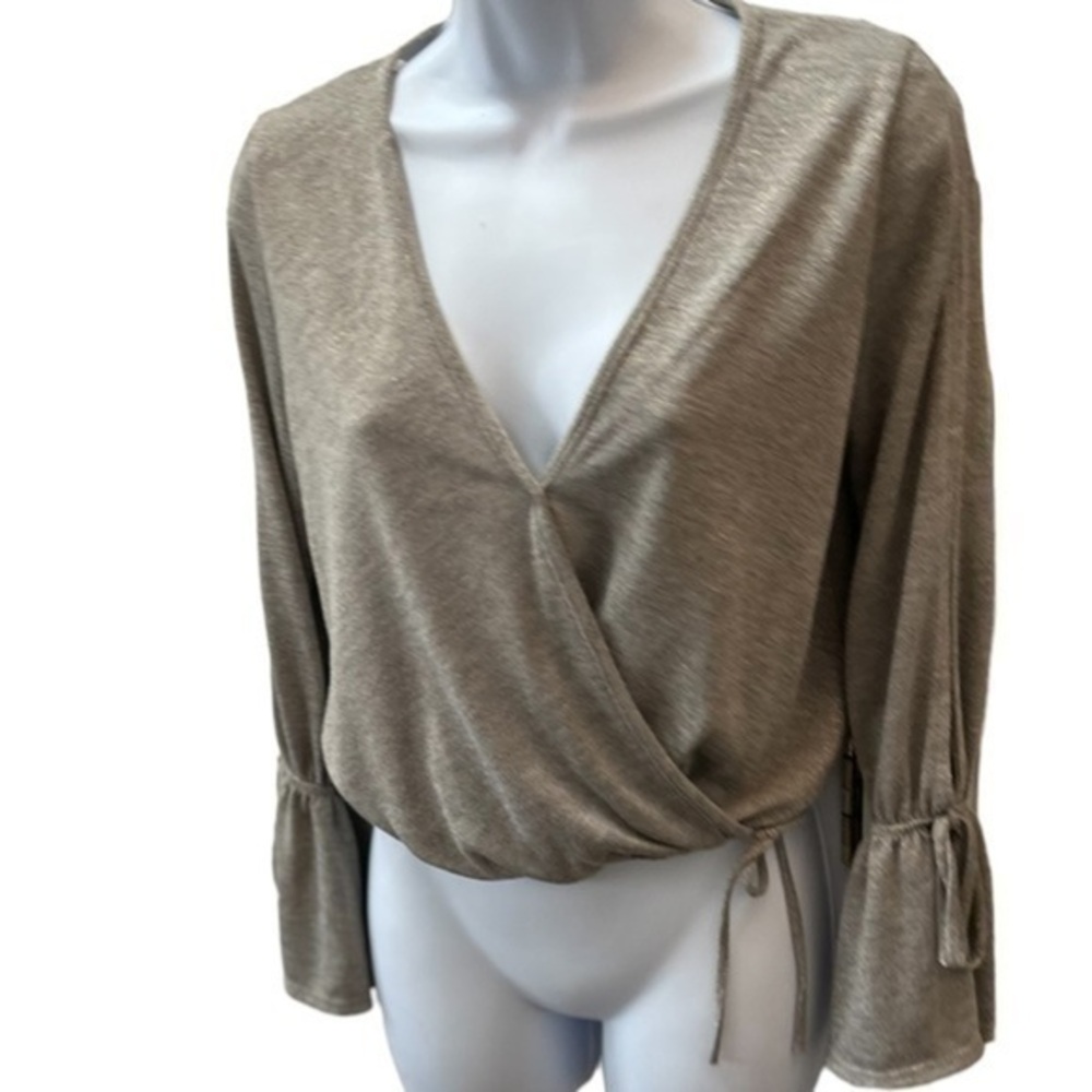Vintage Havana Sweater Metallic Thread Small V Neck Beige Tie Stretch